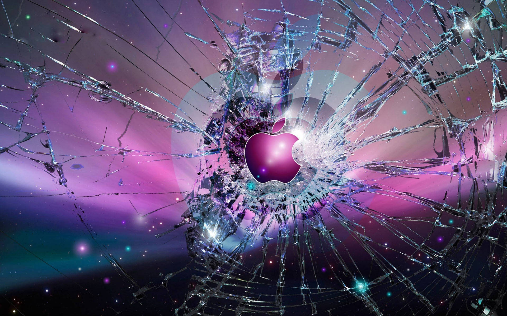 Apple標誌在星空宇宙背景下透過破碎玻璃發光。
