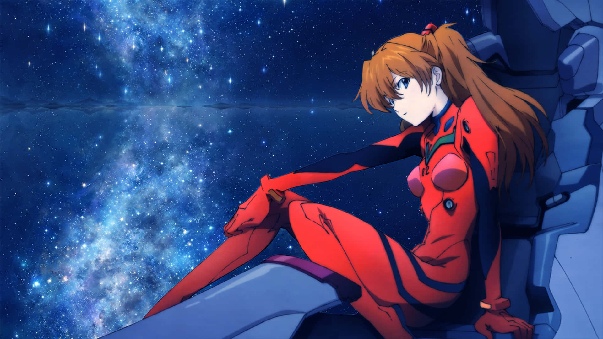 動漫女孩穿著紅色插頭服坐在機甲上，背景是星光燦爛的太空。