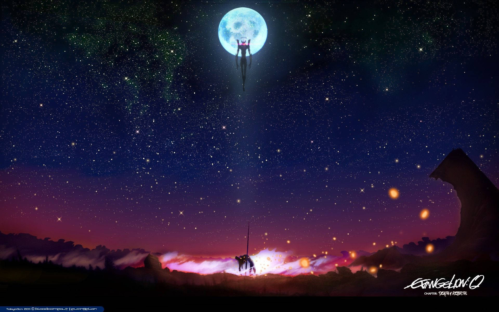 在繁星點點的夜空中，發光的藍色月亮下的動漫角色剪影。