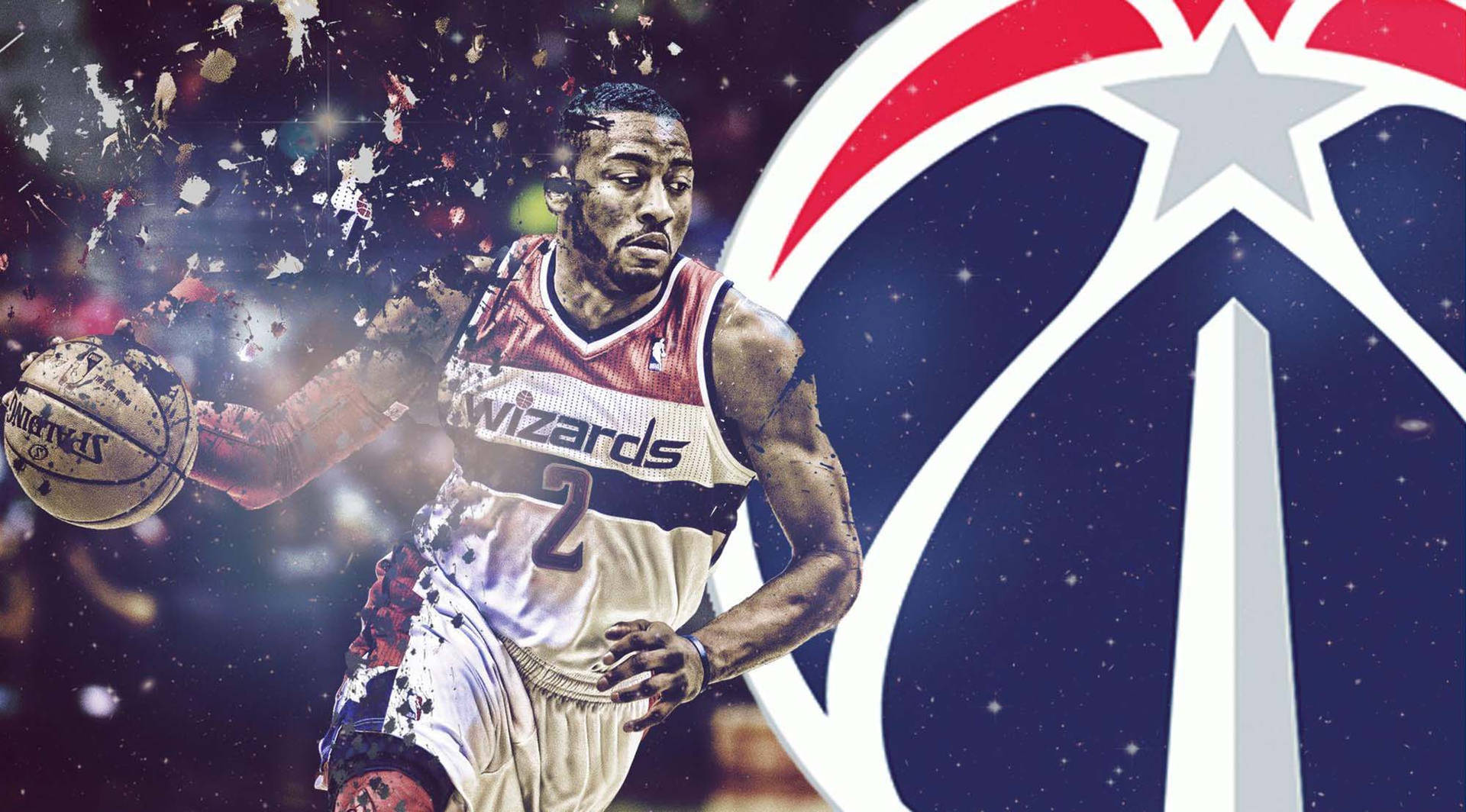 身穿巫師隊球衣的籃球運動員在夜晚五彩紙屑飛舞中運球。