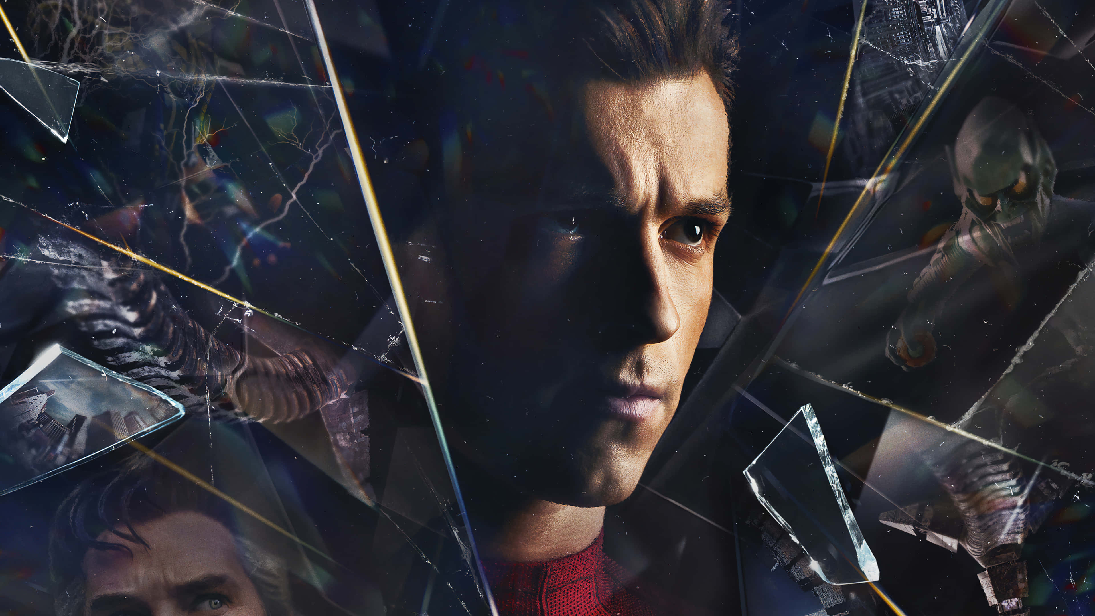 Spider Man No Way Home 桌布 壁紙 — 碎裂玻璃效果展現出一個嚴肅的蜘蛛俠，周圍是反派和動作場景的碎片化一瞥。