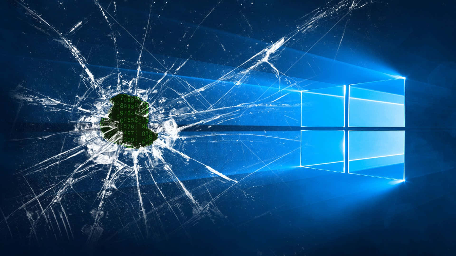 Lcd 桌布 壁紙 — 碎裂玻璃效果覆蓋一個發光的藍色Windows標誌，裂縫中心有綠色數位代碼。
