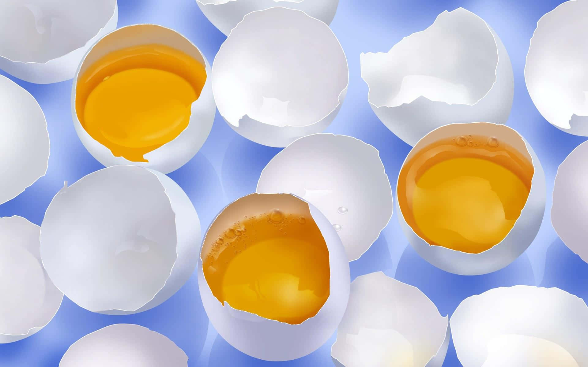 Eggs 桌布 壁紙 — 碎裂的蛋殼帶有鮮黃色的蛋黃，散落在清涼的藍色漸變背景上。