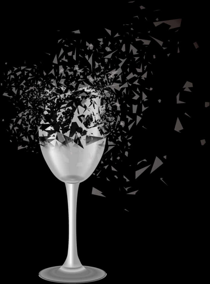 碎裂酒杯插畫 壁紙 — 一個破碎的酒杯在黑色背景上爆裂成幾何碎片，呈現單色效果。