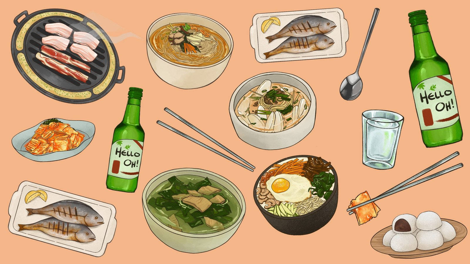 一系列韓國菜餚和飲品，包括烤肉、魚湯和啤酒。