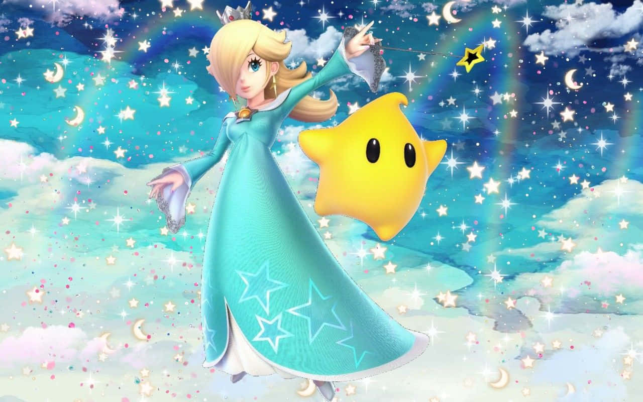 Princess Rosalina 桌布 壁紙 — 碧姬公主在星空下優雅地漂浮，手持一顆黃色星星，新月和彩虹在她周圍旋轉。