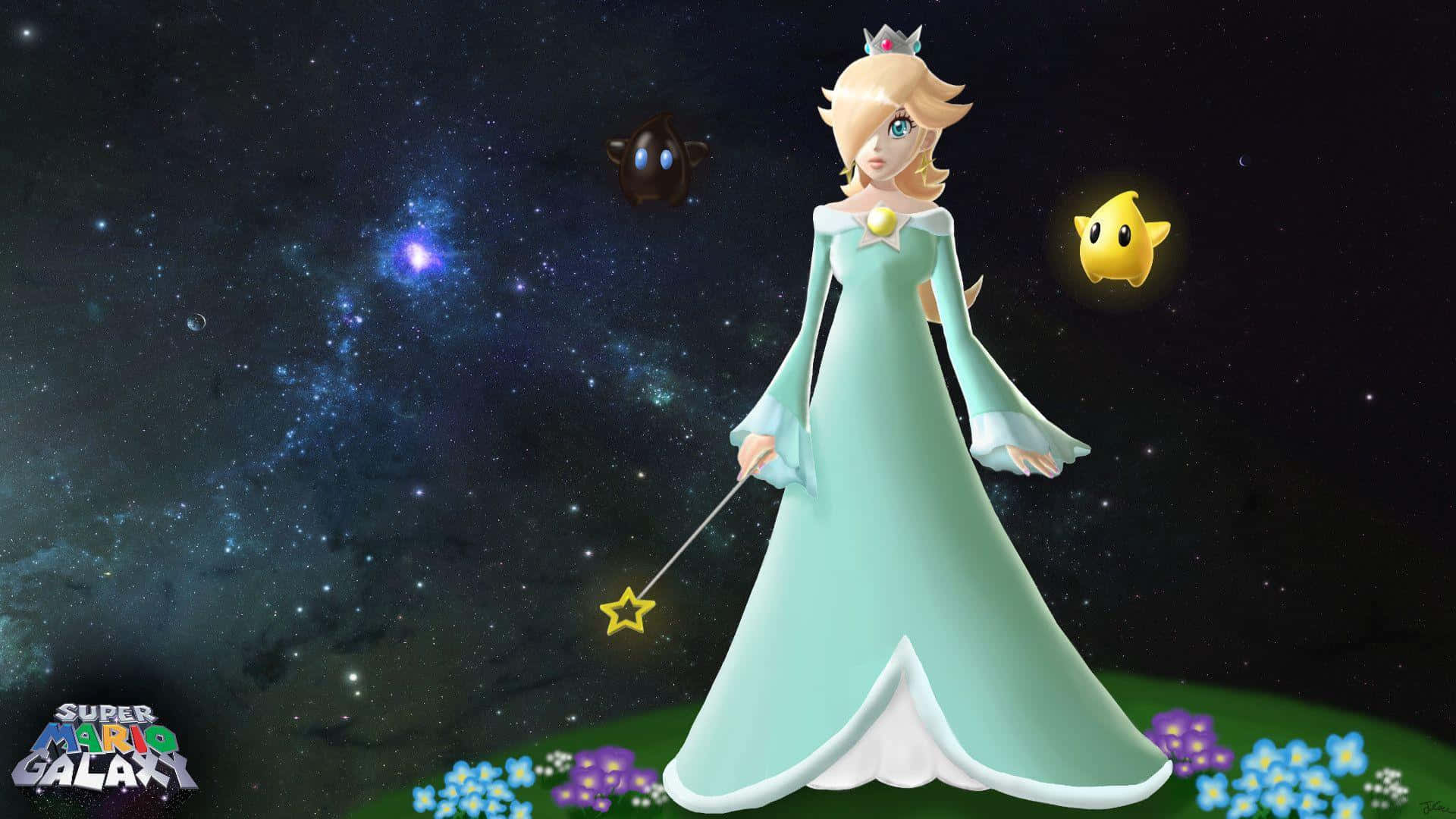 Princess Rosalina 桌布 壁紙 — 碧姬公主站在滿是星星的銀河系中，手持星星魔杖，附近漂浮著一個慢慢龜和一個星星人。