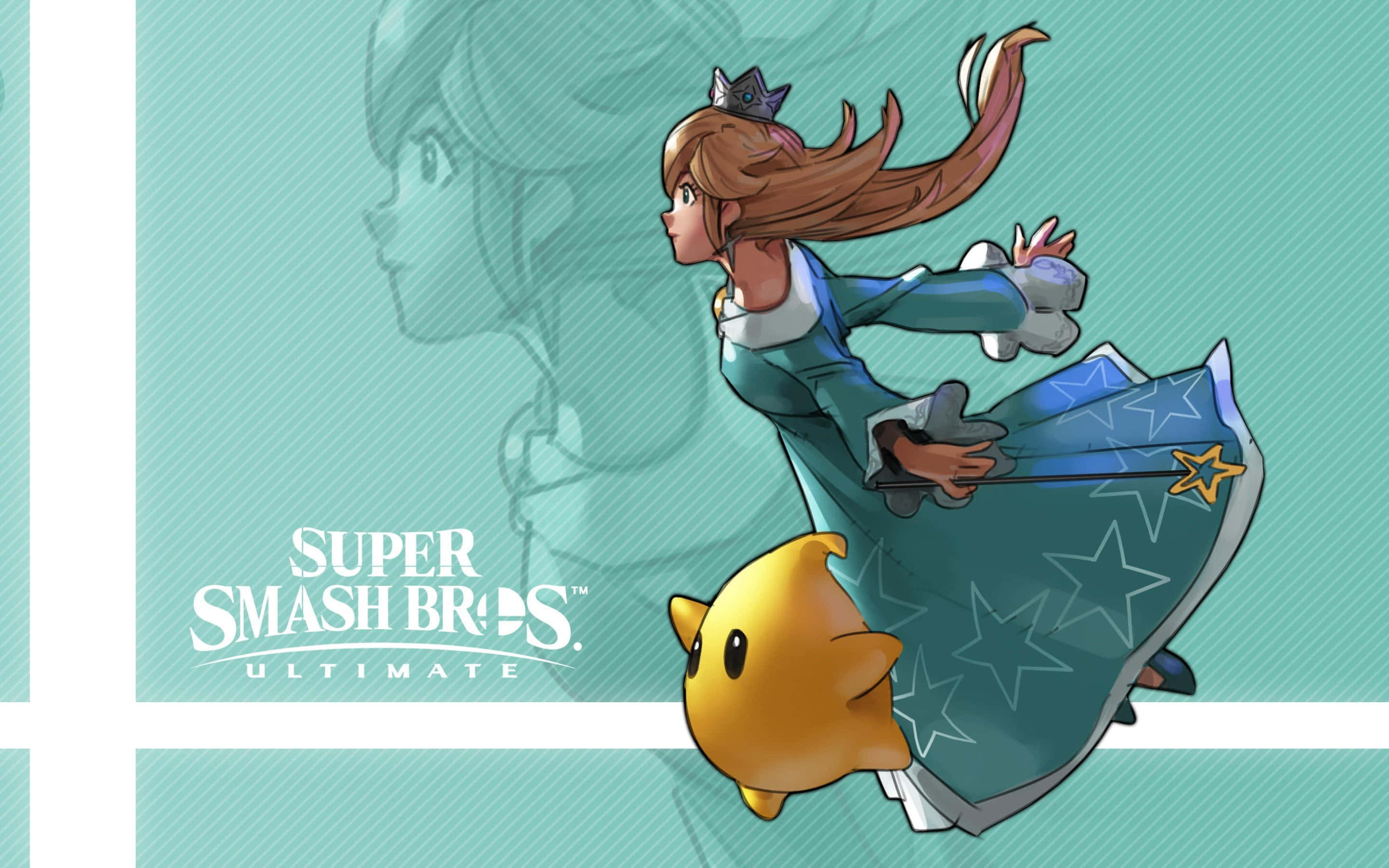 Princess Rosalina 桌布 壁紙 — 碧姬公主身穿藍色連衣裙，在青綠色背景上與黃色海星同伴動態跳躍。