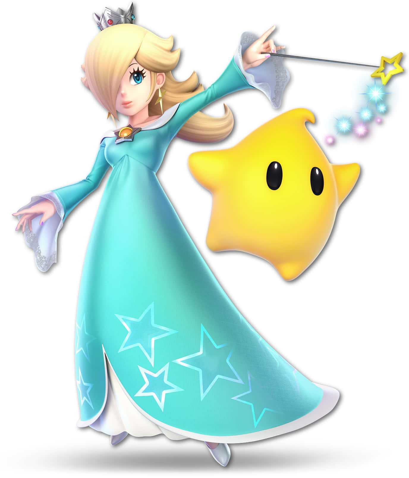 Princess Rosalina 桌布 壁紙 — 碧姬公主身穿青綠色星星圖案長裙，揮舞魔杖召喚出一顆帶有發光粒子的黃色星星。