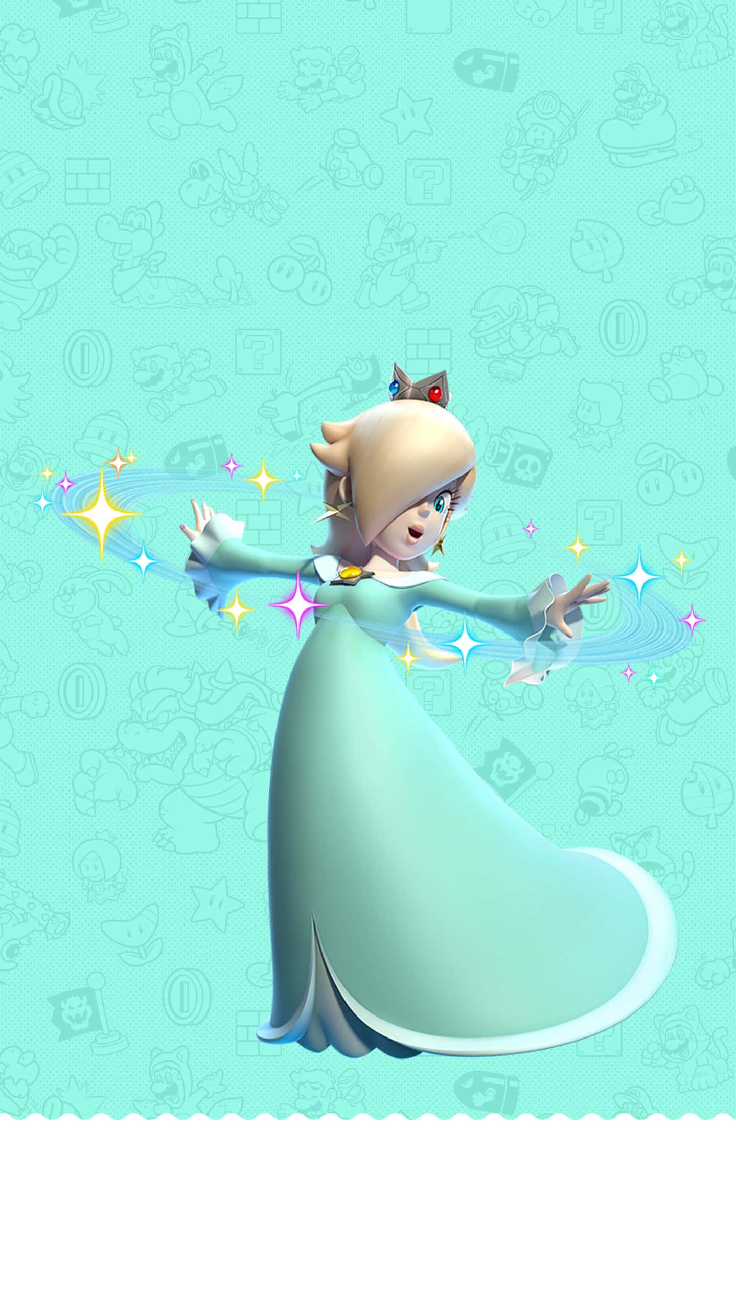 Princess Rosalina 桌布 壁紙 — 碧姬公主身穿飄逸的青綠色長袍，在淺藍色背景上伸出雙手施展閃爍魔法，背景佈滿模糊的瑪利歐遊戲圖標。
