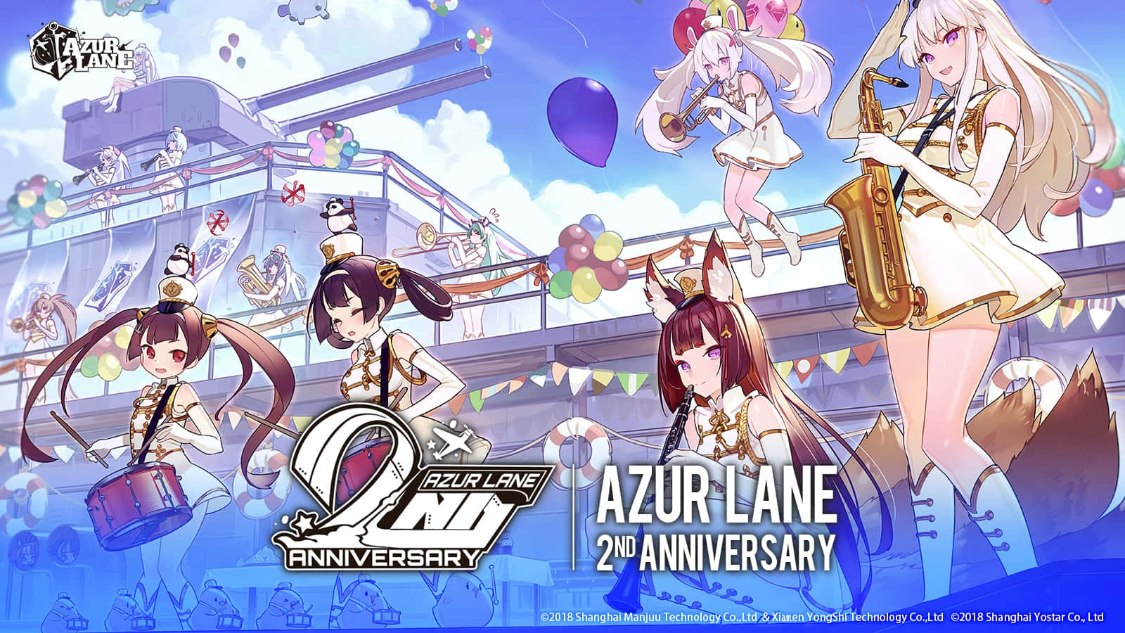 動畫角色在裝飾有樂器和氣球的軍艦上慶祝Azur Lane兩週年。