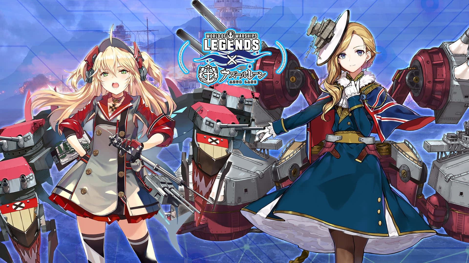 兩個穿著海軍服裝嘅動漫女仔喺數碼海洋場景中同戰艦擺姿勢。