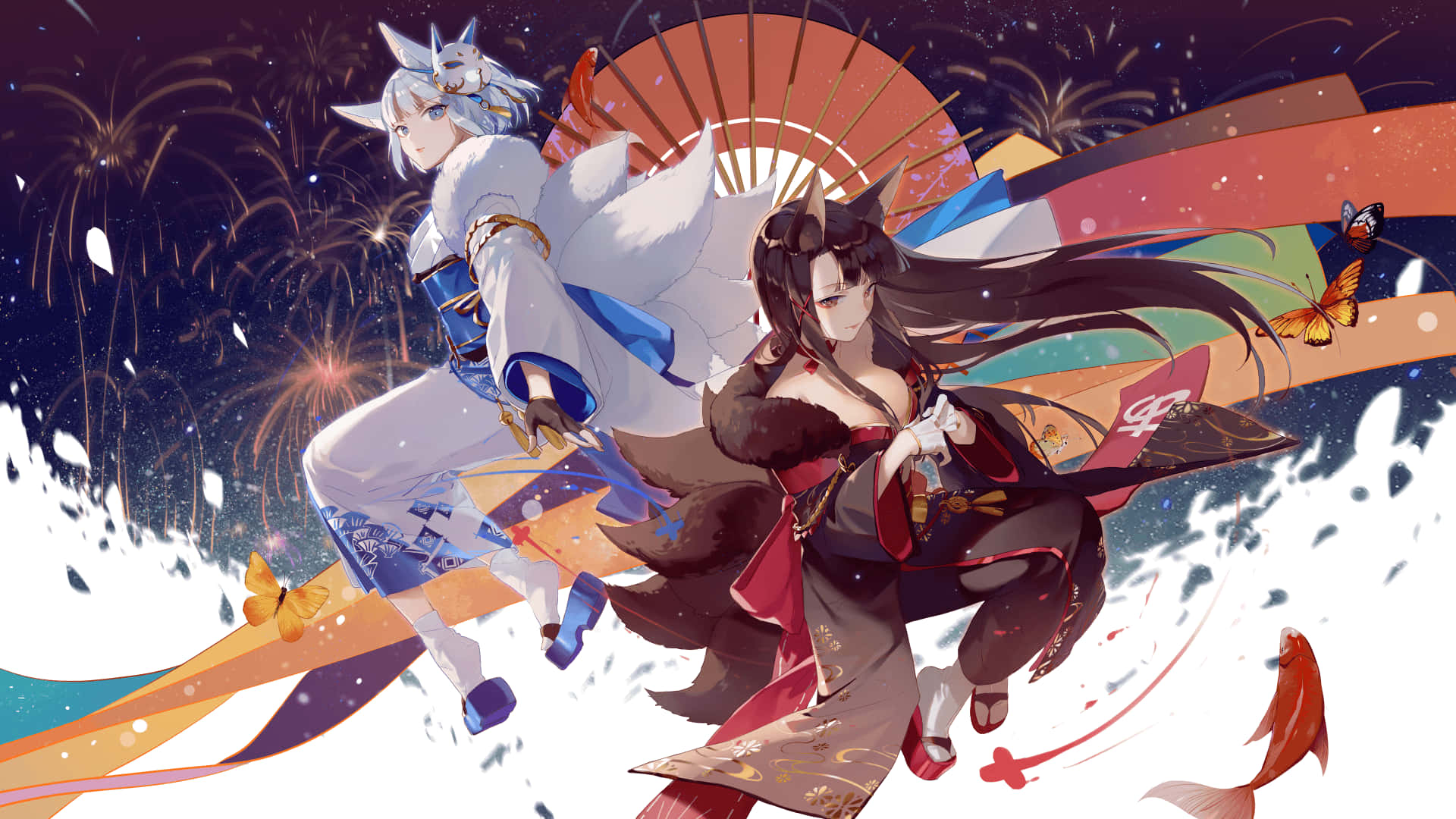 兩個身穿傳統日本服飾的動漫角色飛過煙花表演。