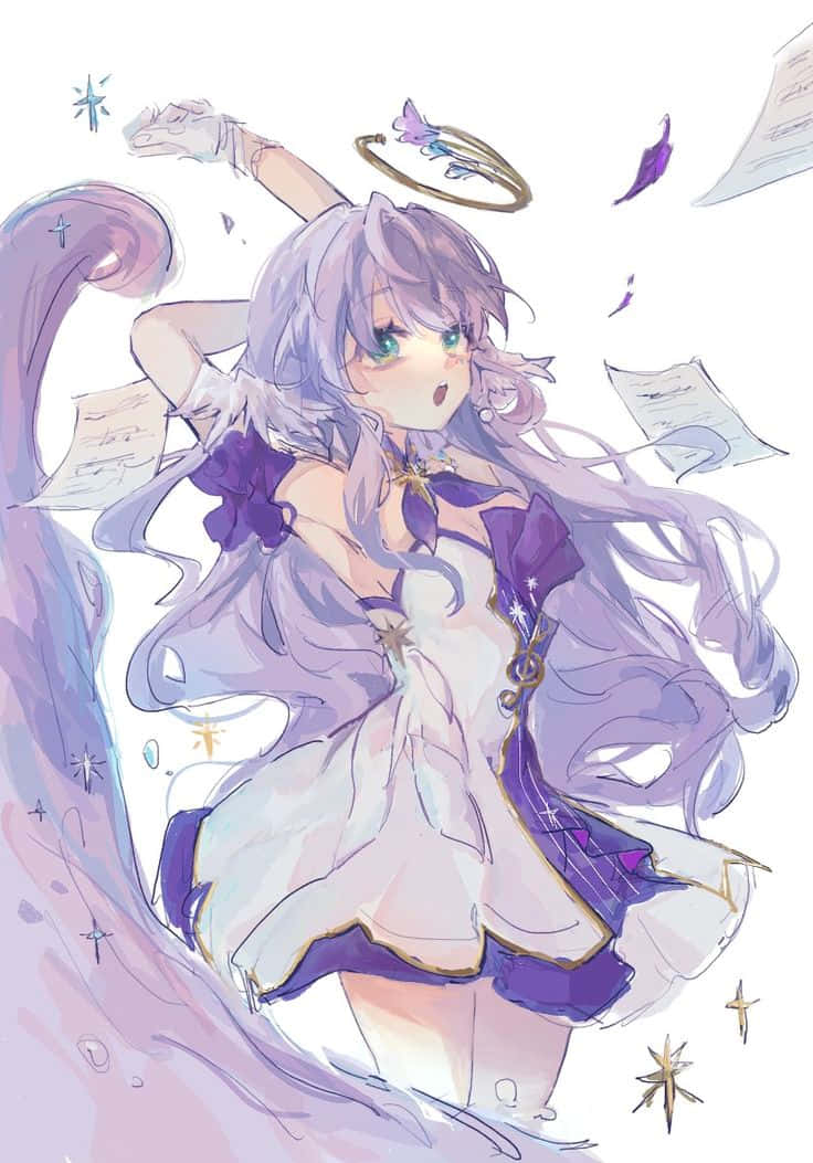 碧藍航線Unicorn天使姿態 壁紙 — 一個驚訝的動漫女孩，紫色頭髮和光環，在柔和的粉彩光芒中，在漂浮的紙張和星星之間跳舞。