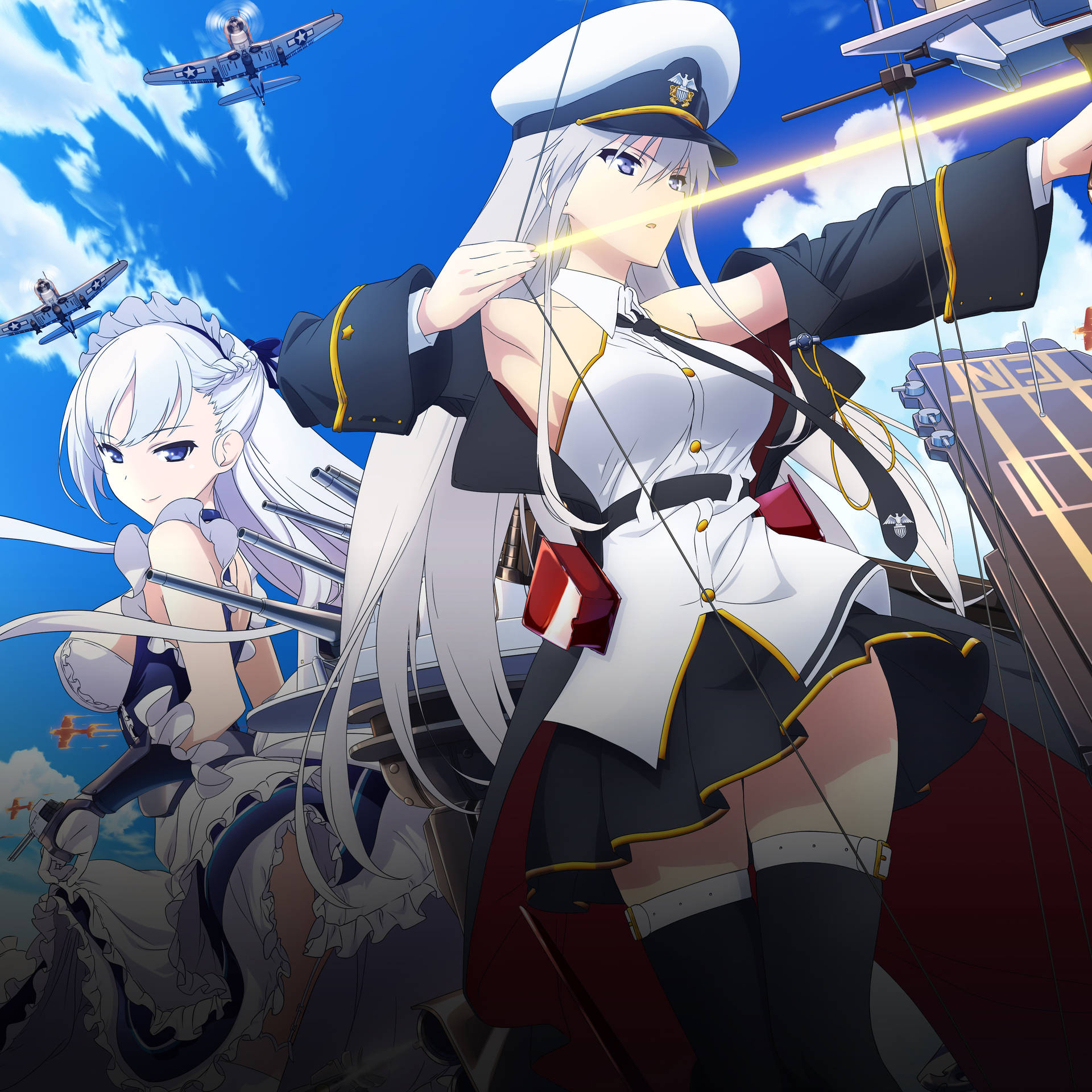 兩名身穿海軍制服嘅動畫女仔從軍艦上發射激光，飛機喺頭頂飛過。