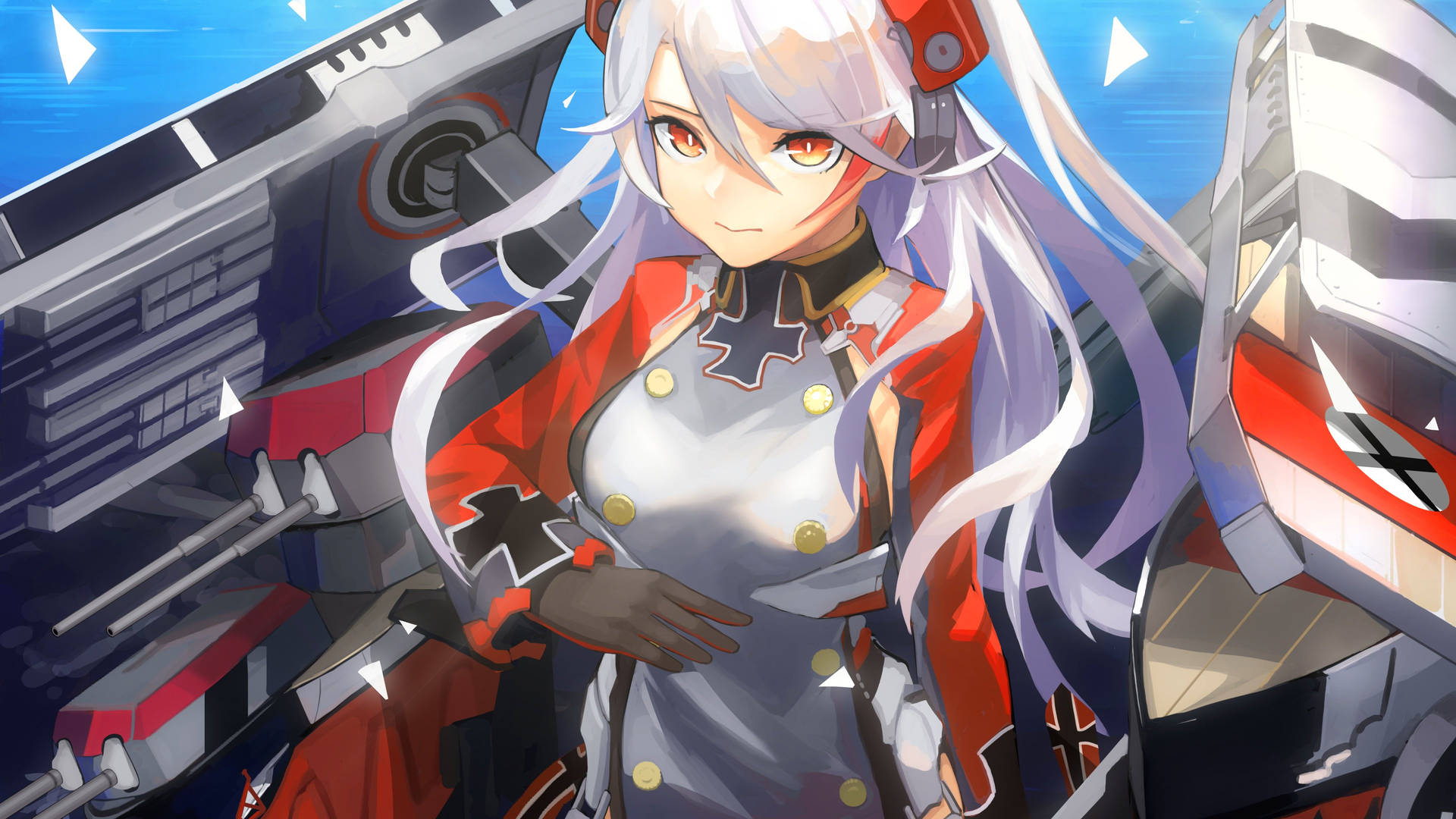 白髮紅眼動漫女孩穿著海軍制服站在戰艦零件中。