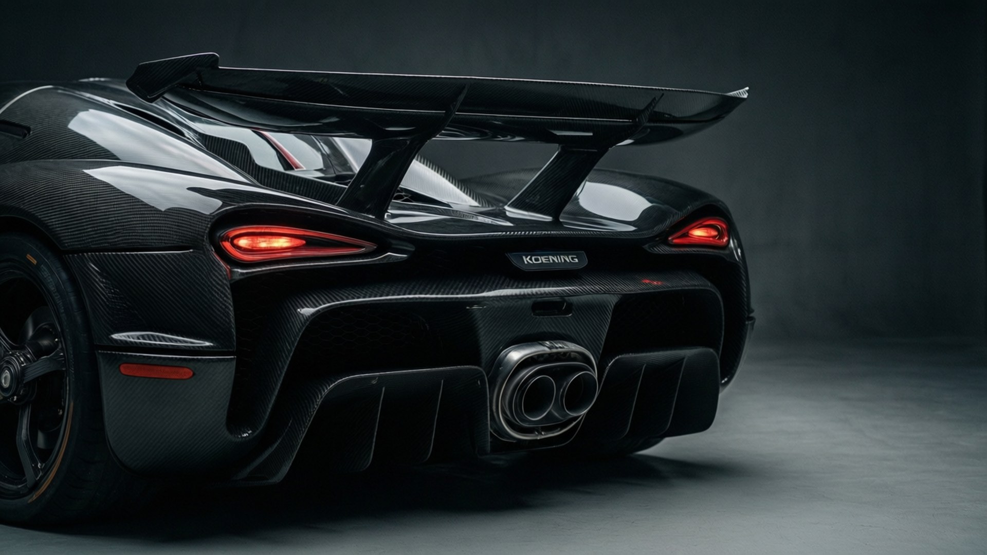 黑色Koenigsegg超跑後視圖，在黑暗攝影棚中帶有發光尾燈。