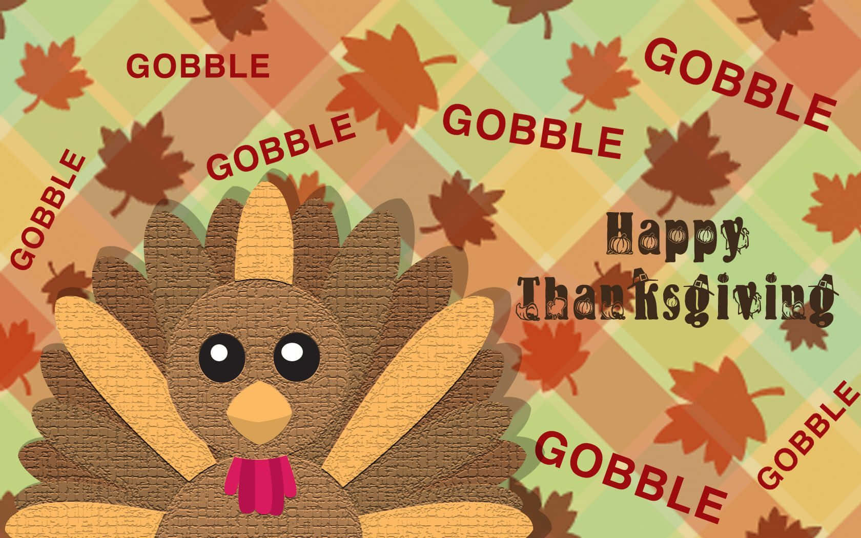 一隻戴著粉紅色蝴蝶結的卡通火雞，帶有「Happy Thanksgiving」和「Gobble」文字，背景為格子秋葉圖案。