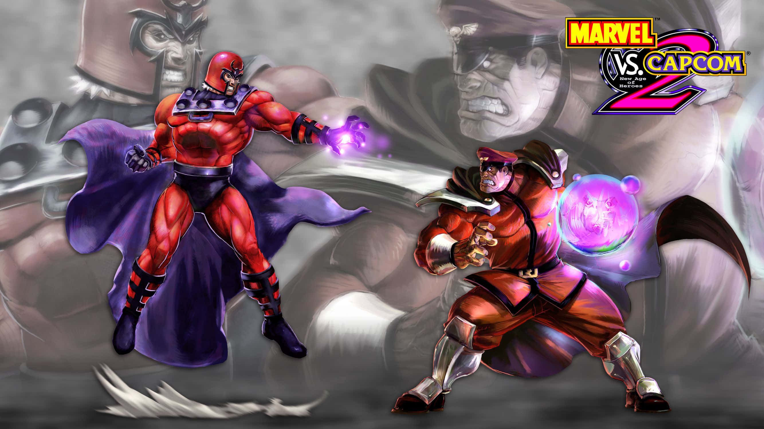 Marvel Vs Capcom 桌布 壁紙 — 磁力王和隆在充滿動感的 Marvel vs Capcom 2 戰鬥場景中碰撞，帶有發光能量效果和戲劇性的背景面孔。