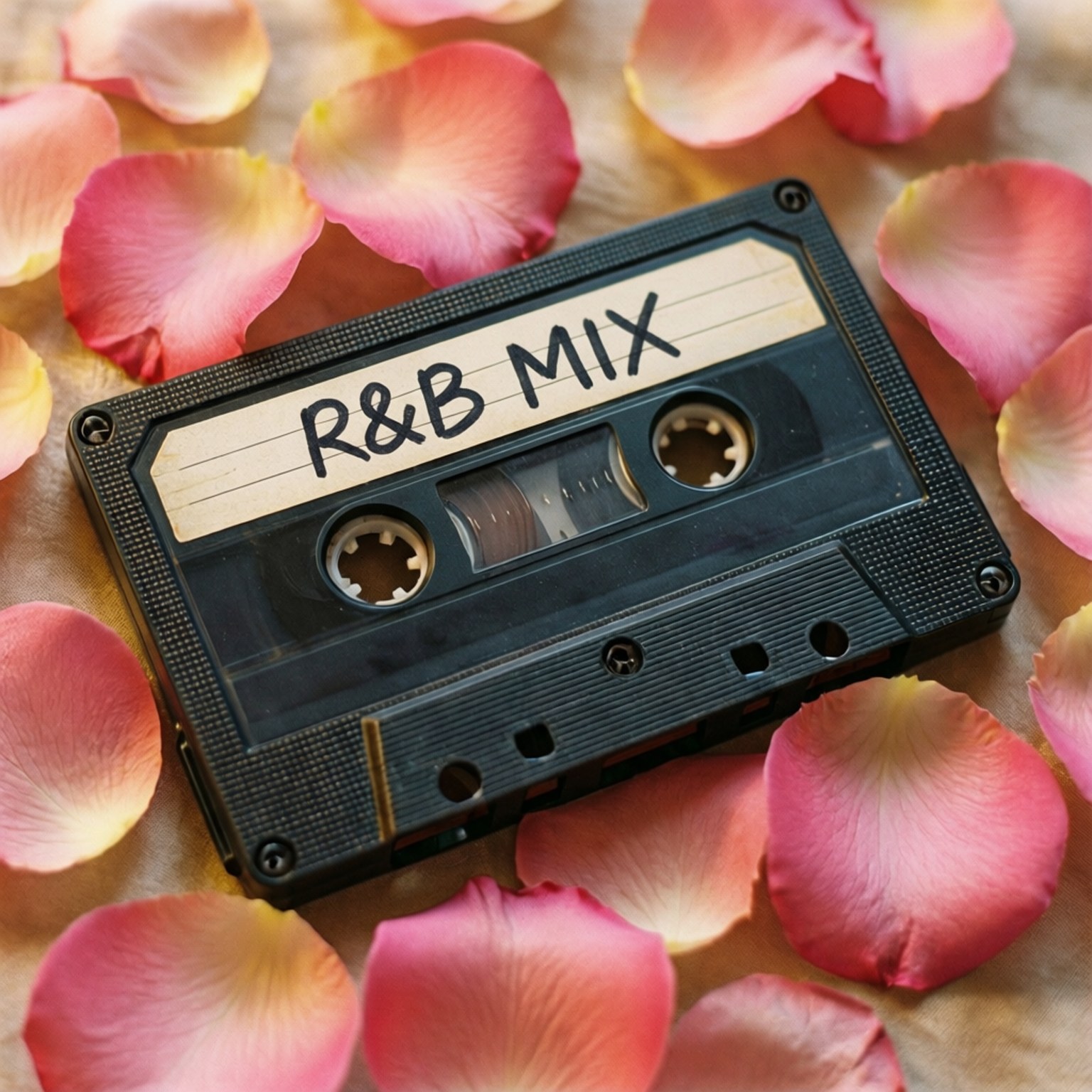磁帶情書 壁紙 — 一盒標有R&B MIX的復古黑色卡式帶，放置在溫暖布料表面上，周圍是柔軟的粉紅和黃色玫瑰花瓣。