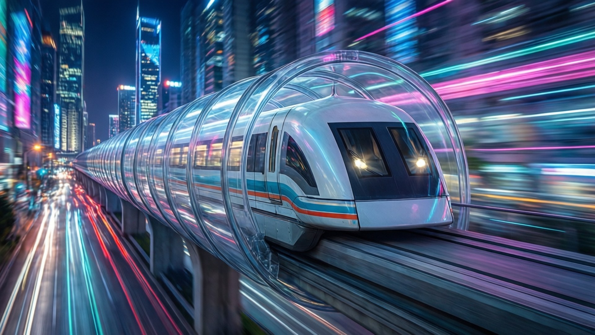 未來磁懸浮列車在夜間穿過充滿活力的霓虹城市，留下光跡。