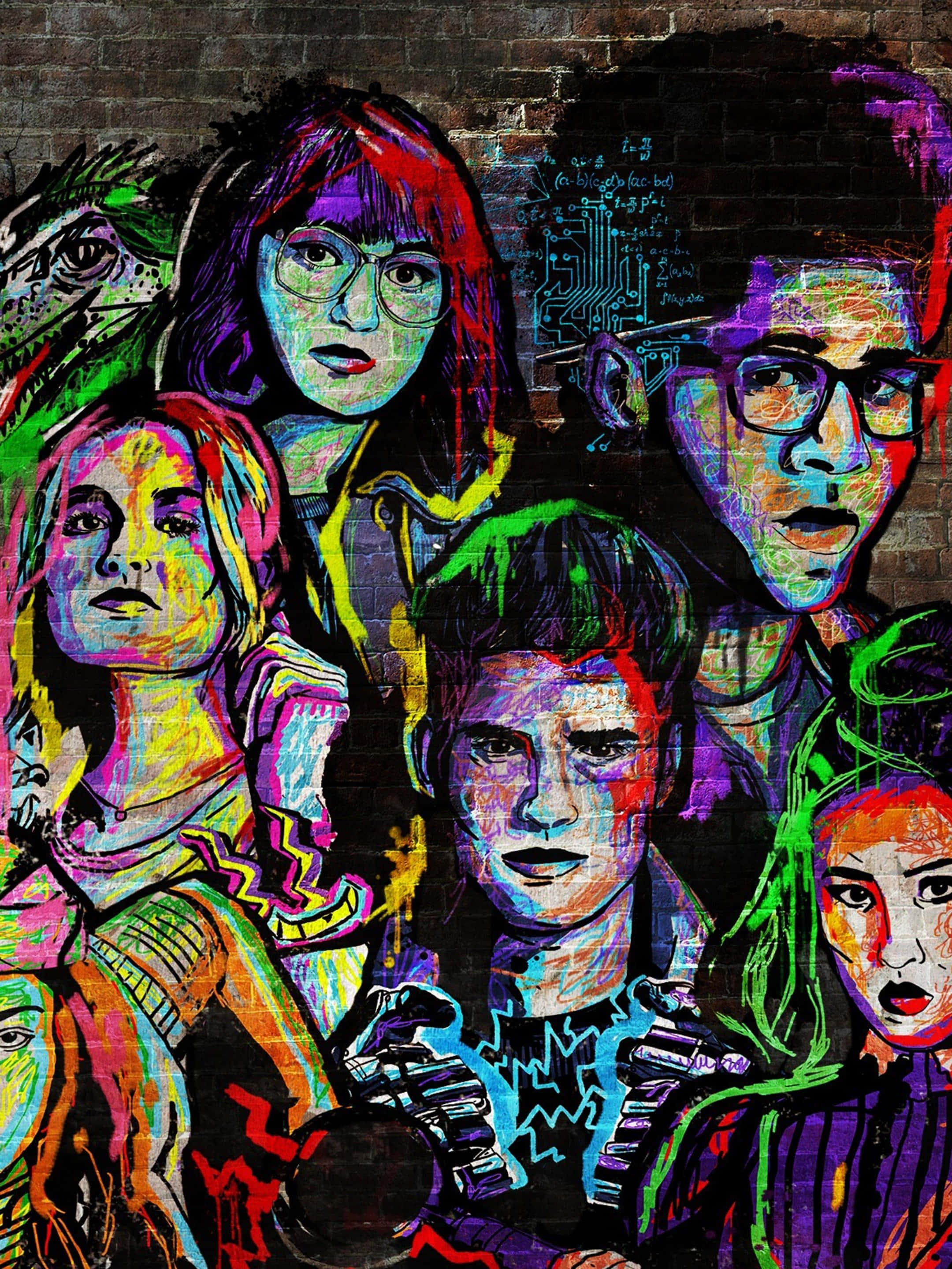 Runaways 桌布 壁紙 — 磚牆上以霓虹色彩和故障效果繪製的多樣面孔的充滿活力的塗鴉壁畫。