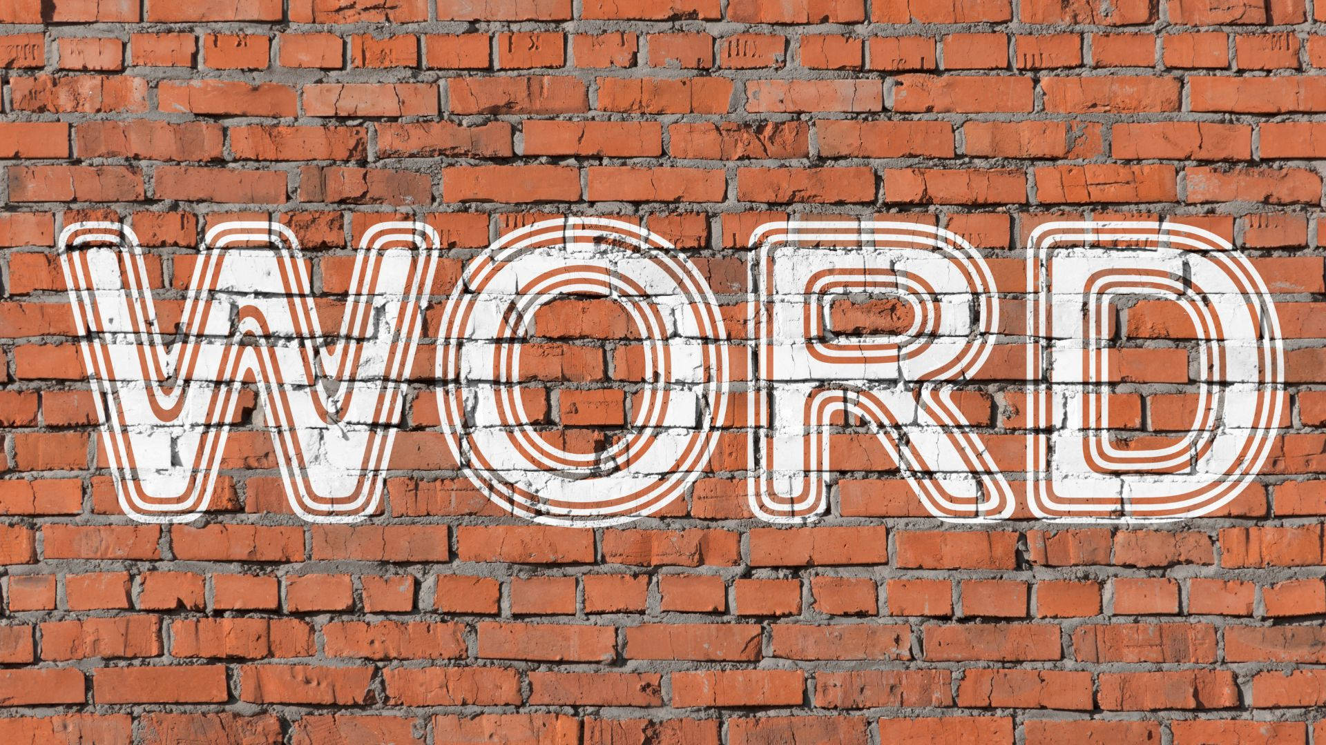 粗體白色外框單詞 'WORD' 繪在紅磚牆上。