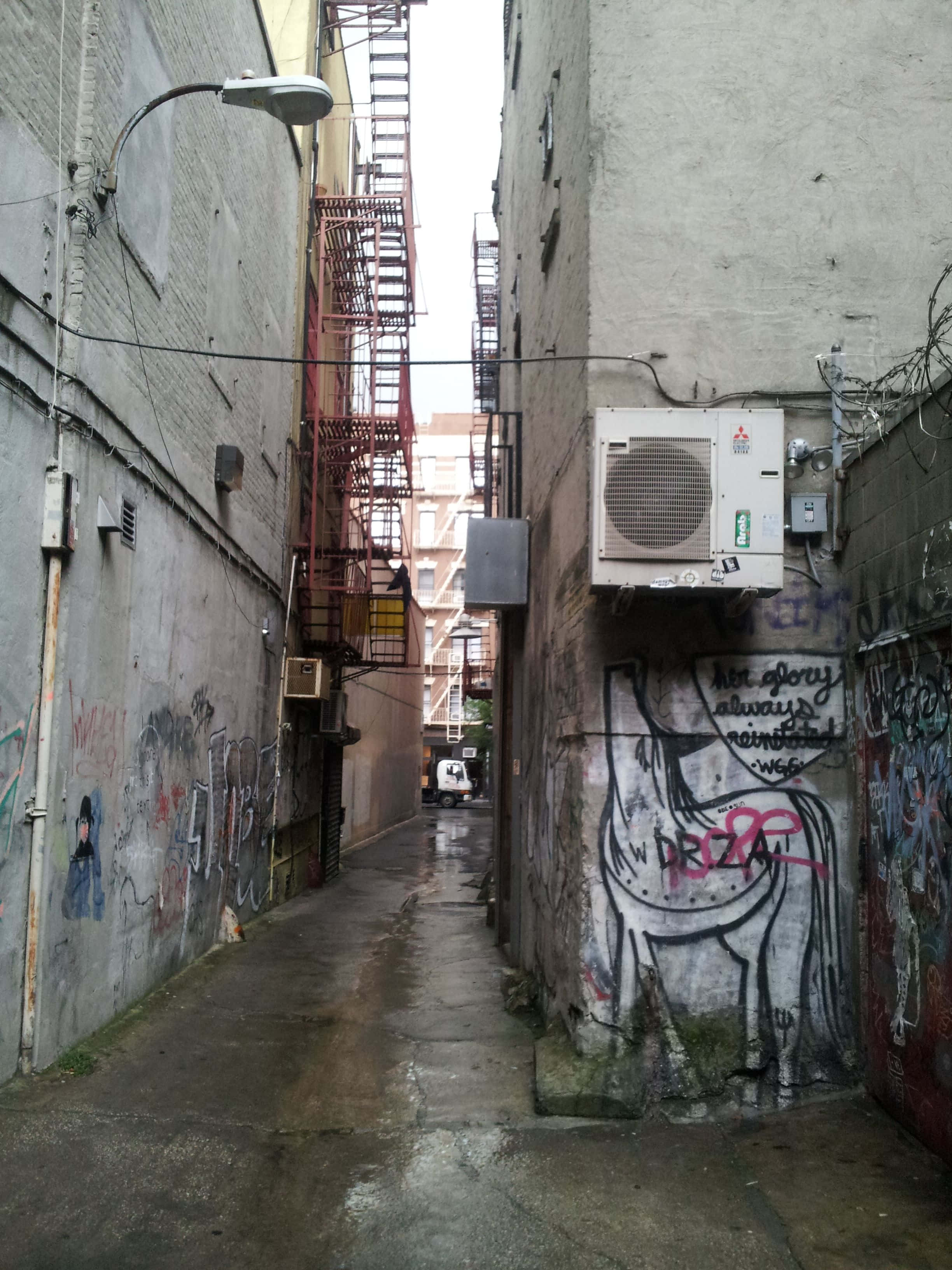 Alleyway 桌布 壁紙 — 磚砌建築之間一條狹窄潮濕的小巷，牆上佈滿塗鴉和防火梯，天空陰沉。