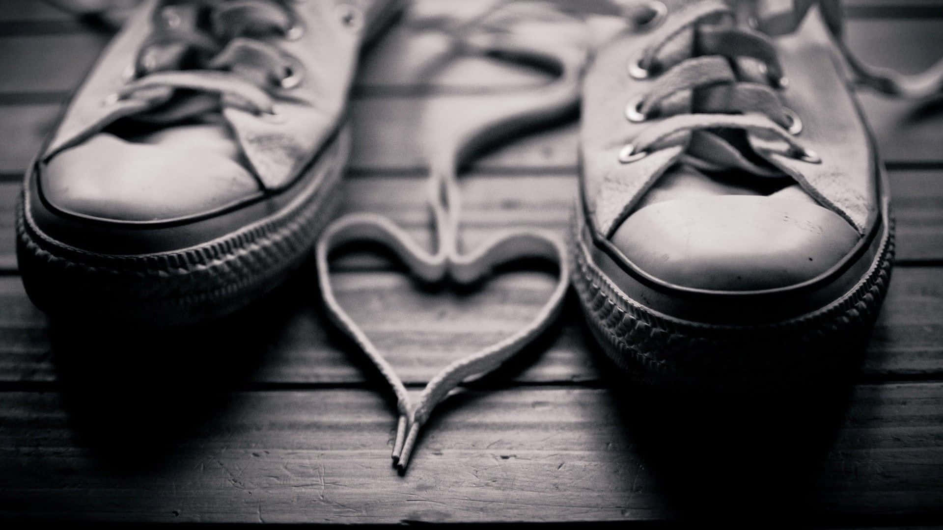 Cute Shoes 桌布 壁紙 — 磨損的運動鞋，鞋帶鬆開，在風化的木地板上以單色排列成心形。