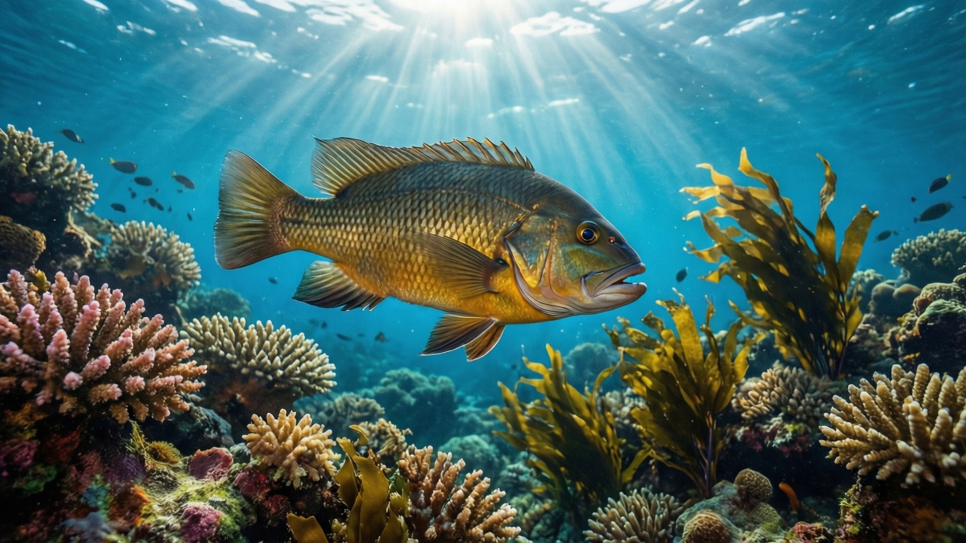 礁石中的鯽魚 壁紙 — 一條金色的魚優雅地游過色彩繽紛的珊瑚和搖曳的海藻，陽光穿透清澈的藍色海水。