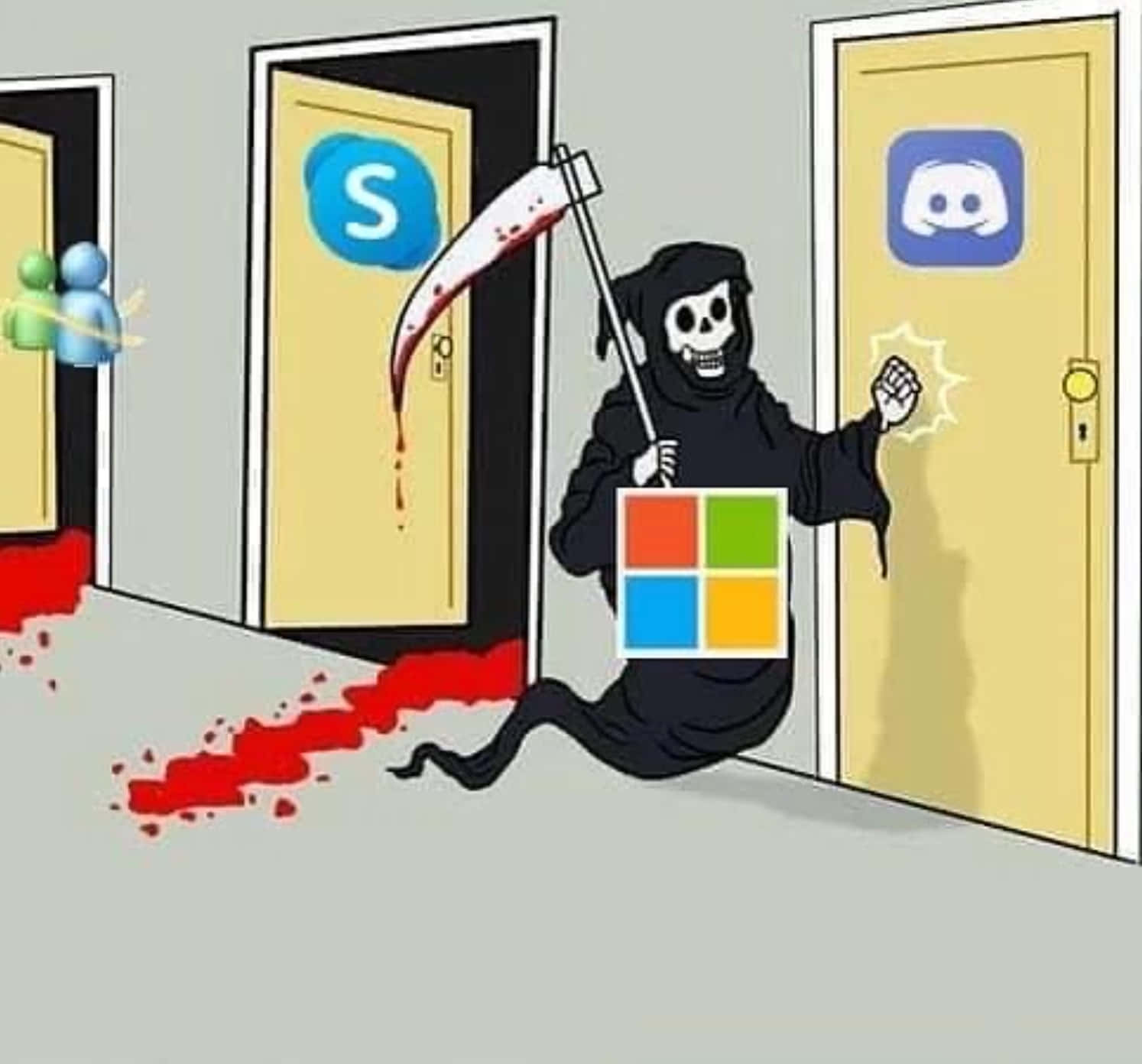 骷髏形狀的人物胸口有Microsoft標誌，在Skype和Discord門附近拿著沾滿血的鐮刀。