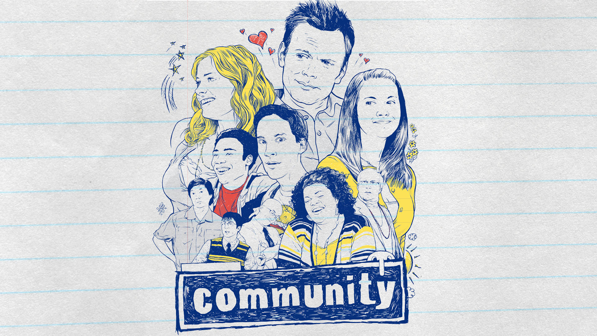 社區卡通化角色 壁紙 — Community 的插圖角色畫在橫線筆記本紙上，周圍漂浮著心形和星星。