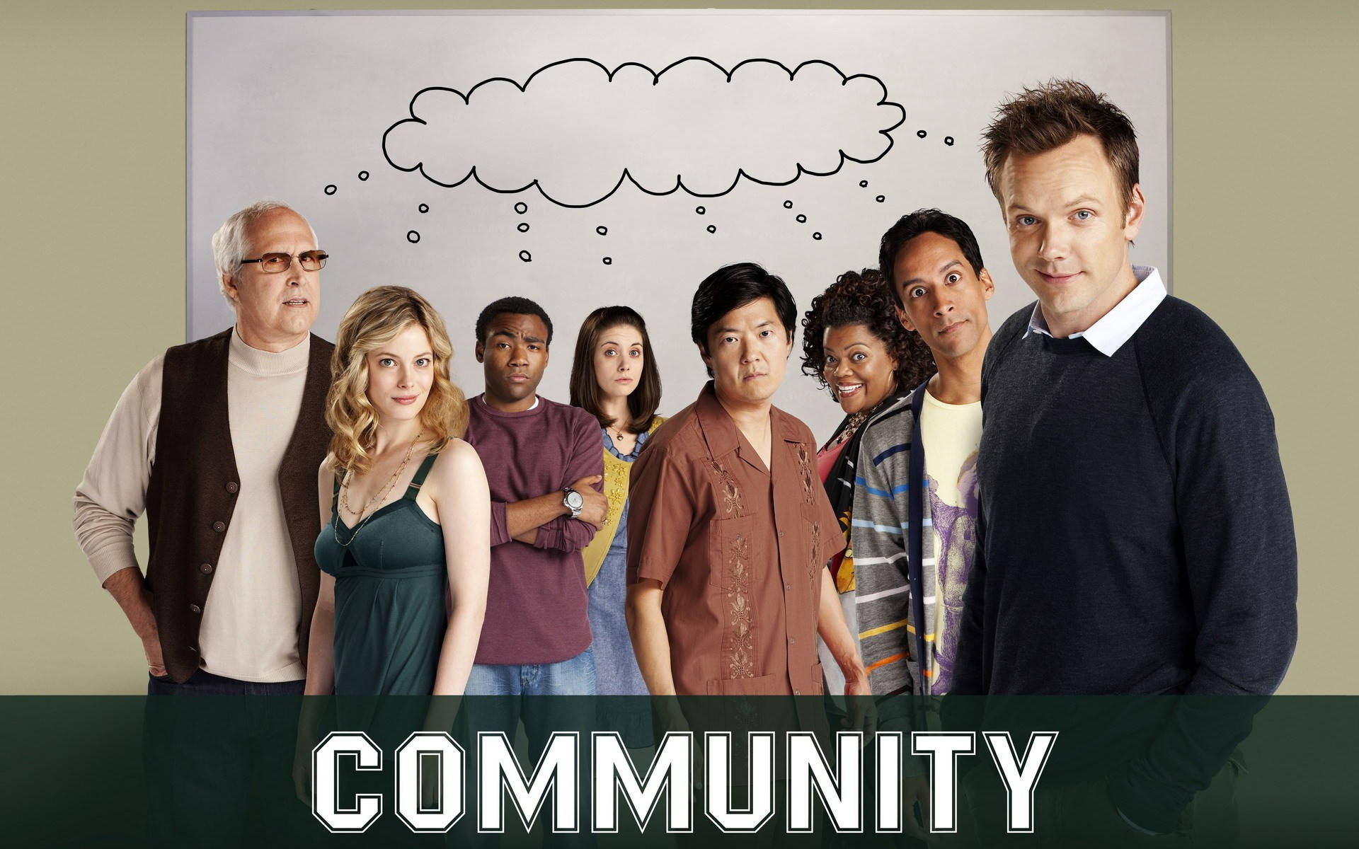 社區思維泡泡 壁紙 — Community 的演員們站在白板前，上面畫了一個思想泡泡正在向他們灑落。