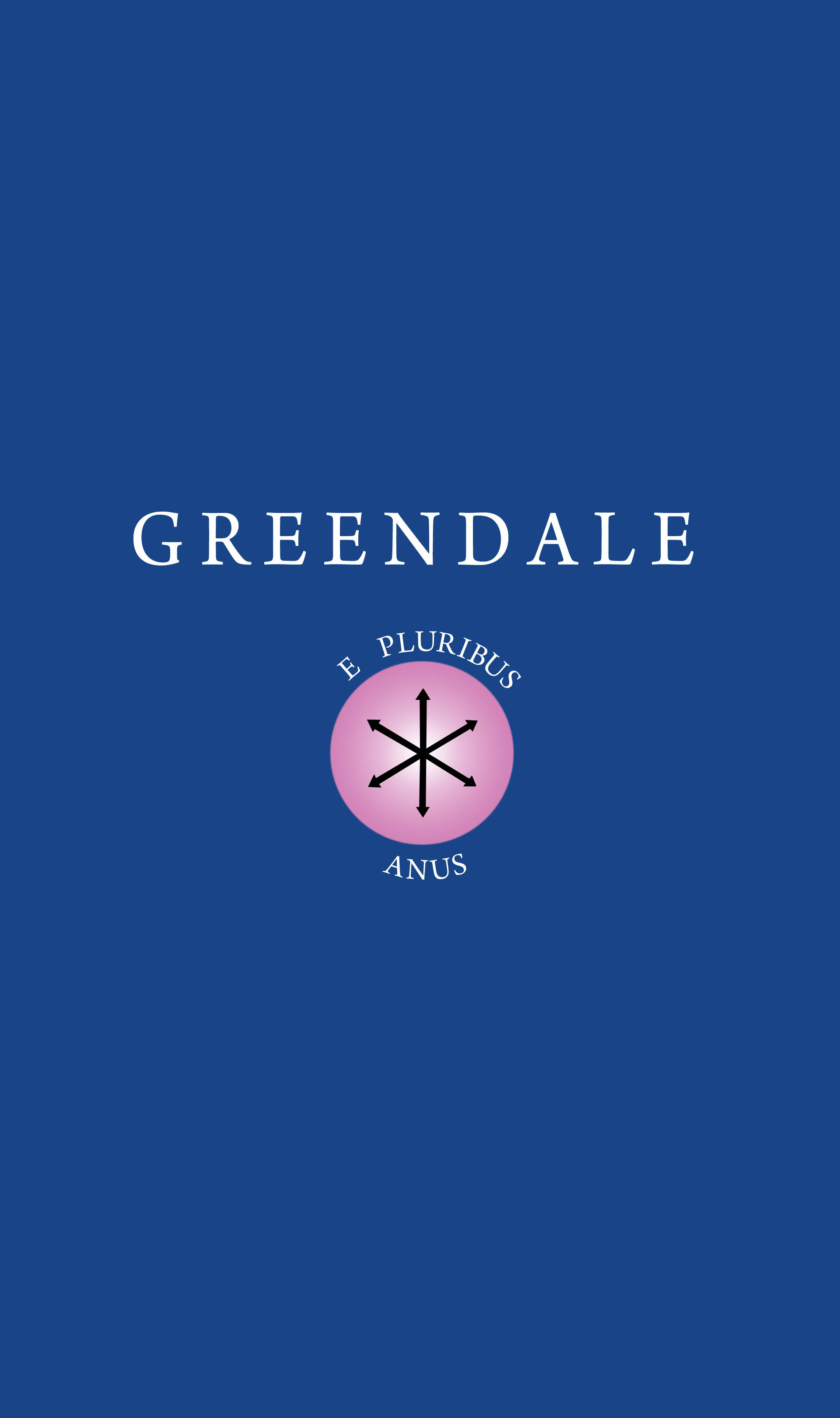 社區格林戴爾校訓 壁紙 — 一個簡約的藍色背景，上面有「GREENDALE」字樣，位於一個粉紅色圓圈上方，圓圈內有黑色星爆和拉丁文字。