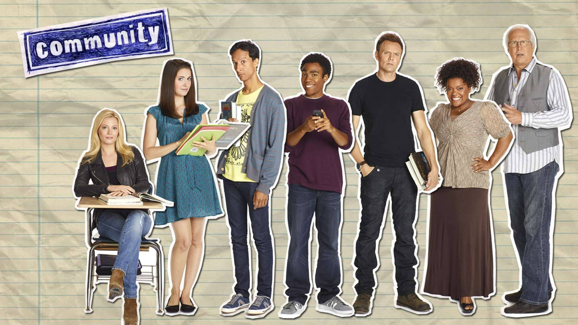 社區黃色法律紙 壁紙 — 電視節目《Community》的七位演員以剪紙風格站在橫線筆記本紙背景前，節目標誌在上方。