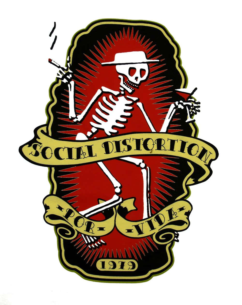 一個戴帽的骷髏手持香煙和馬提尼杯，帶有 'Social Distortion Por Vida 1979' 橫幅。