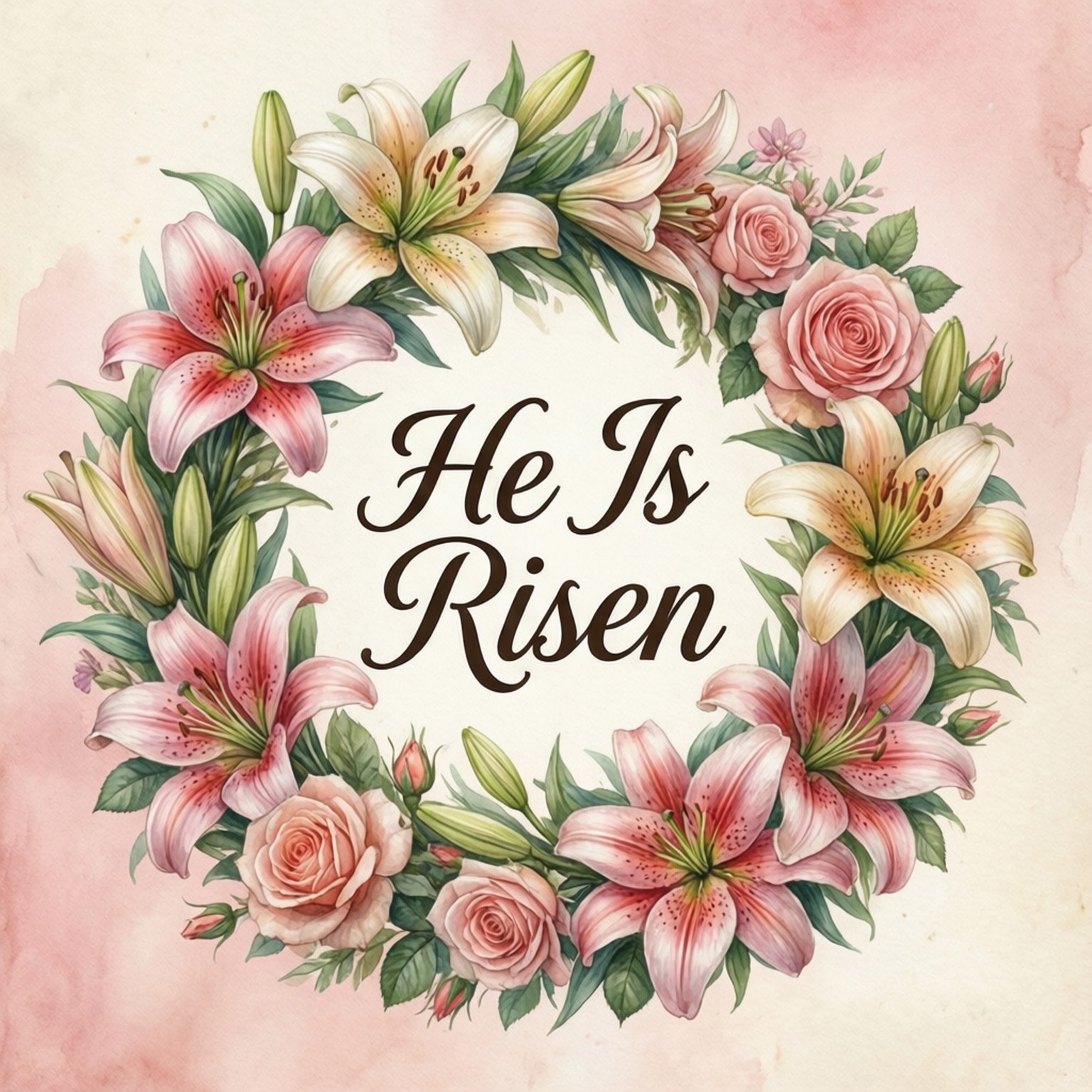 花卉花環以百合和玫瑰圍繞 'He Is Risen' 文字，使用字體。