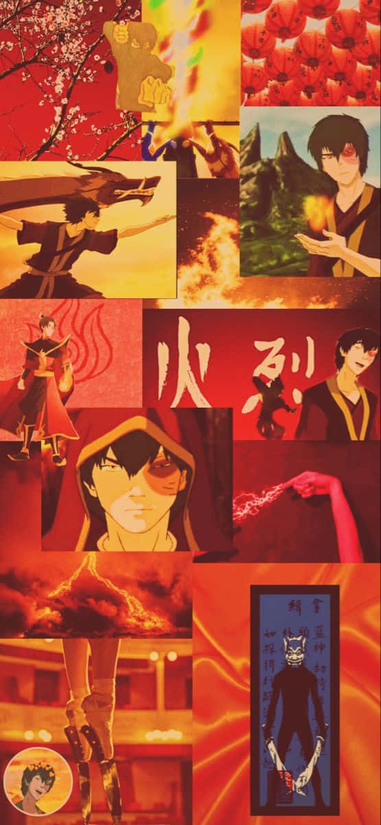 「祖科，火功大師——準備釋放他的力量！」 壁紙 — 一張以櫻花和火焰為背景，展現御火師動態姿勢的火熱動漫拼貼畫。