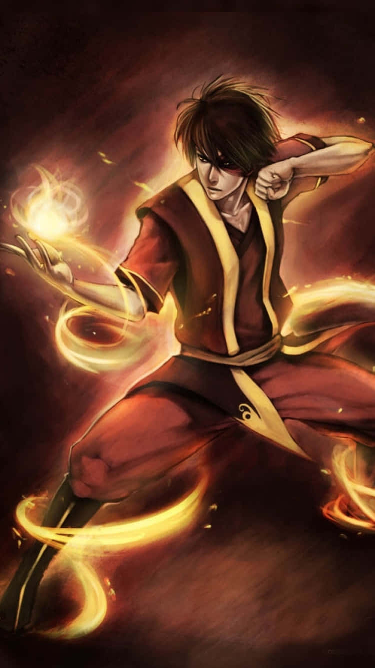 祖科——生來領袖 壁紙 — 一位身穿紅金長袍的年輕火宗師，在黑暗煙霧背景下以動態武術姿勢引導發光的火焰。