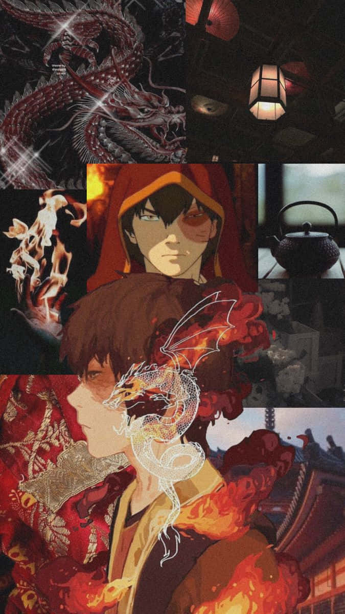 祖科的剪影立於燃燒的城堡前 壁紙 — 一幅動漫風格角色和神話龍的拼貼畫，以火紅和深邃陰影呈現，融合傳統日本圖案與發光的超自然元素。