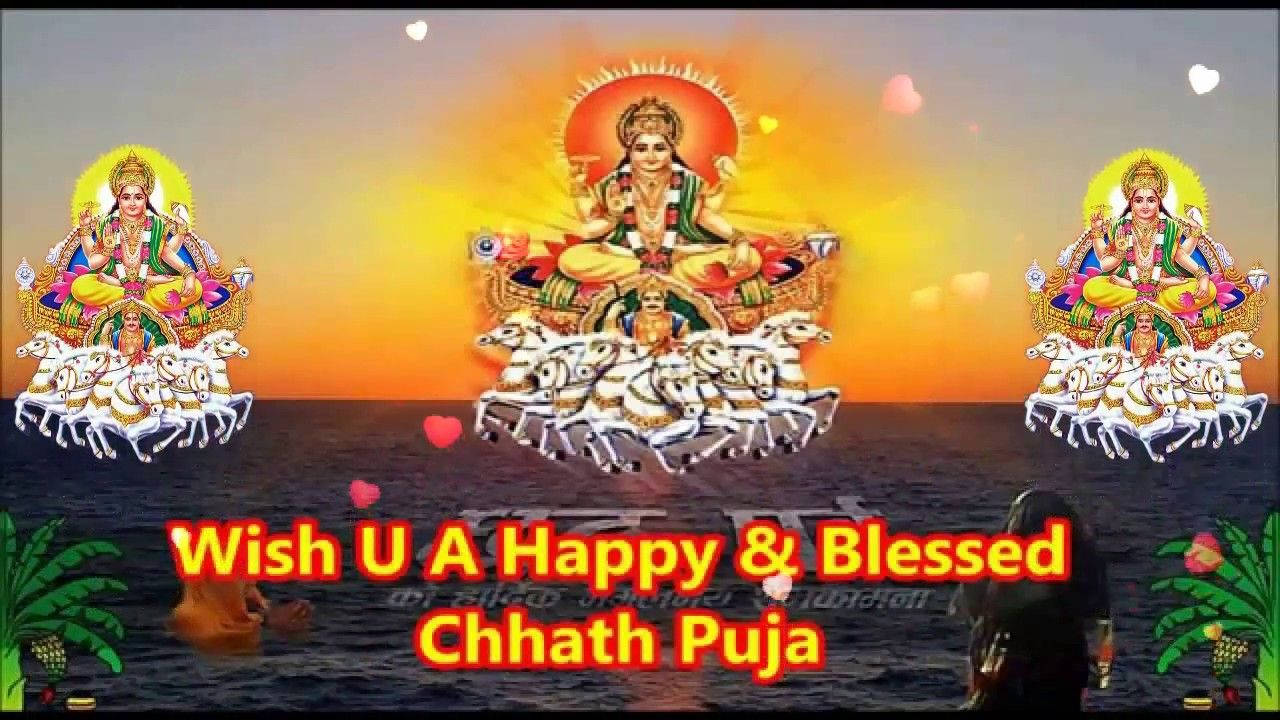 日落時分天鵝上的三位印度教女神，附有Chhath Puja祝福文字。