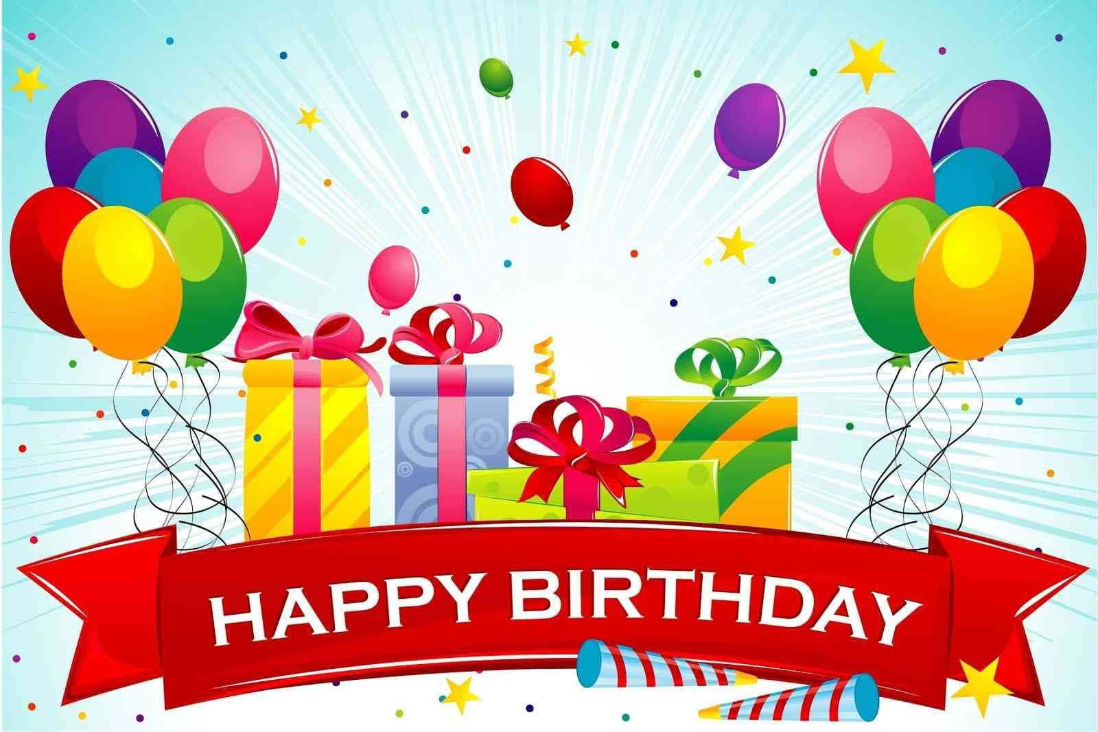 祝你度過充滿歡樂與幸福的生日 壁紙 — 充滿活力的生日慶祝活動，色彩繽紛的氣球、禮物和五彩紙屑從紅色橫幅中散發出來。