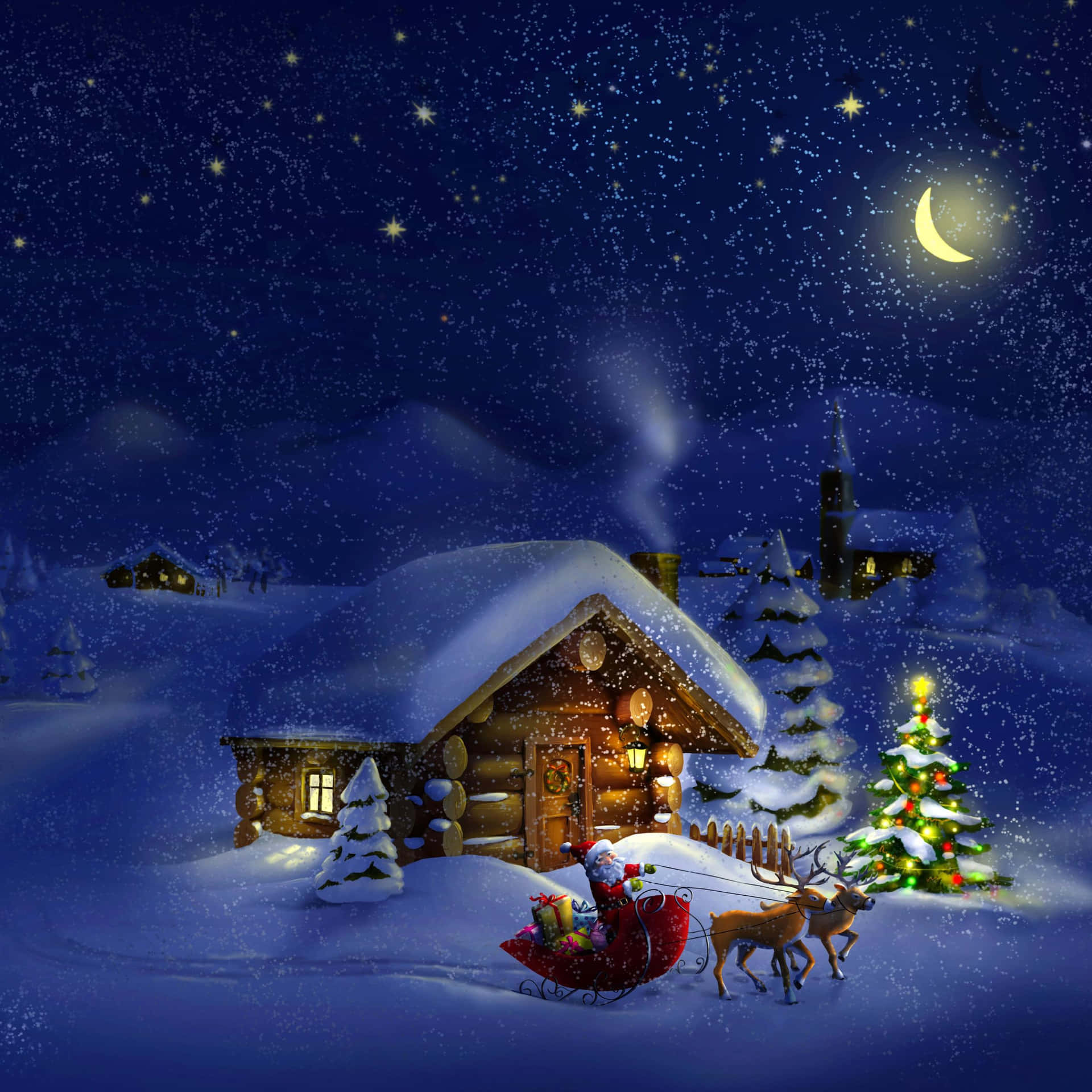 聖誕老人與馴鹿在星夜下將禮物送到雪中小屋。