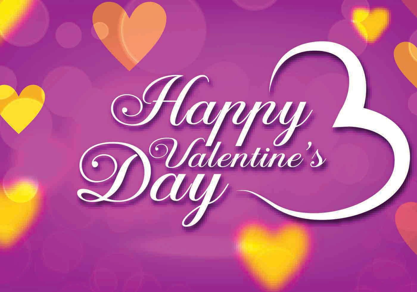 Happy Valentine's Day 文字配上漂浮的愛心在紫色背景上
