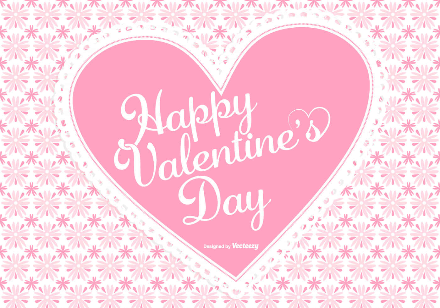 粉紅色心形，帶有 Happy Valentine's Day 文字，放在花卉背景上。