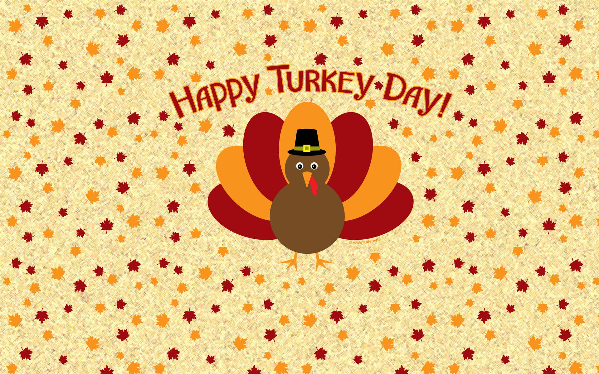 戴著朝聖者帽子的卡通火雞被秋葉環繞，附有Happy Turkey Day文字。