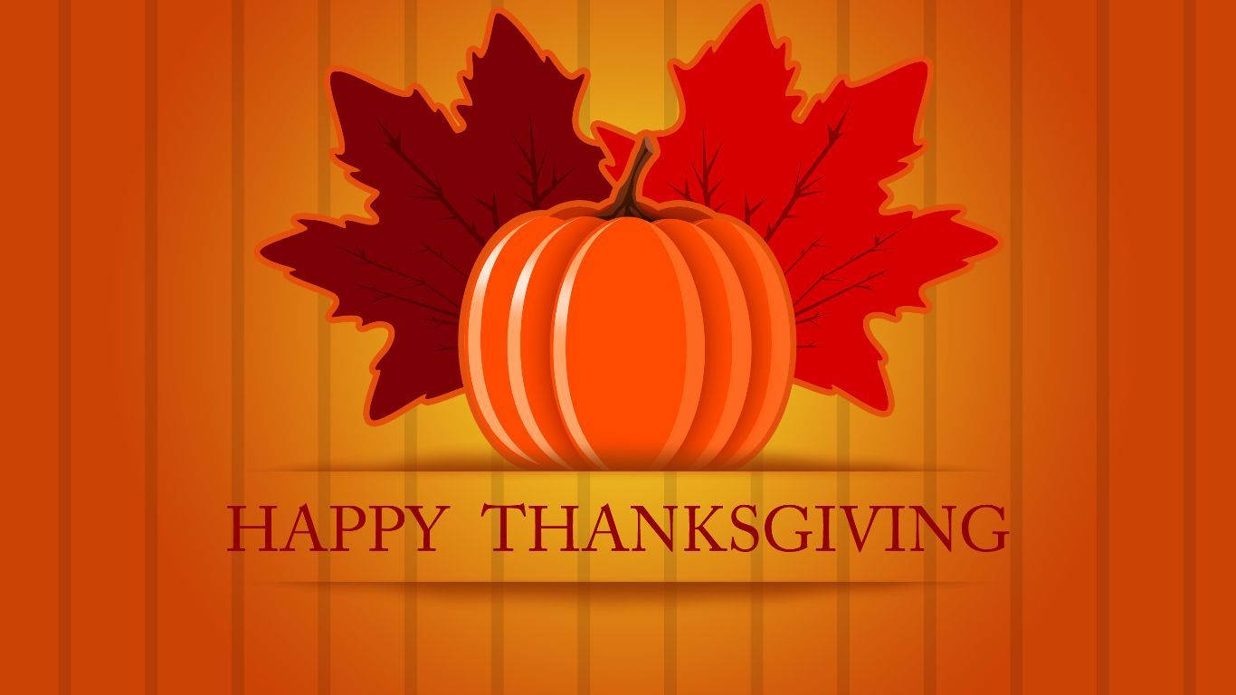Happy Thanksgiving 圖案，以南瓜和楓葉為主題，置於條紋背景上。