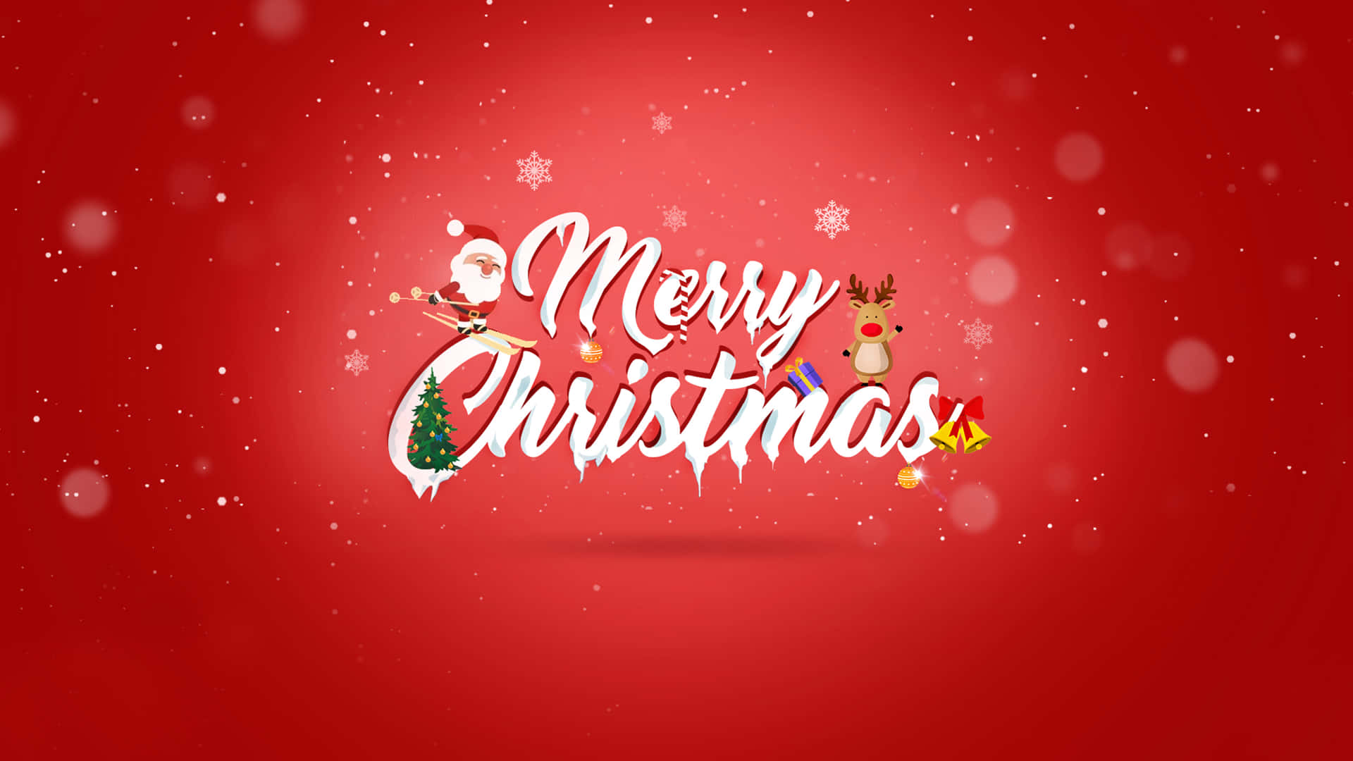 紅色背景上的 Merry Christmas 文字與聖誕老人馴鹿、樹和鈴鐺