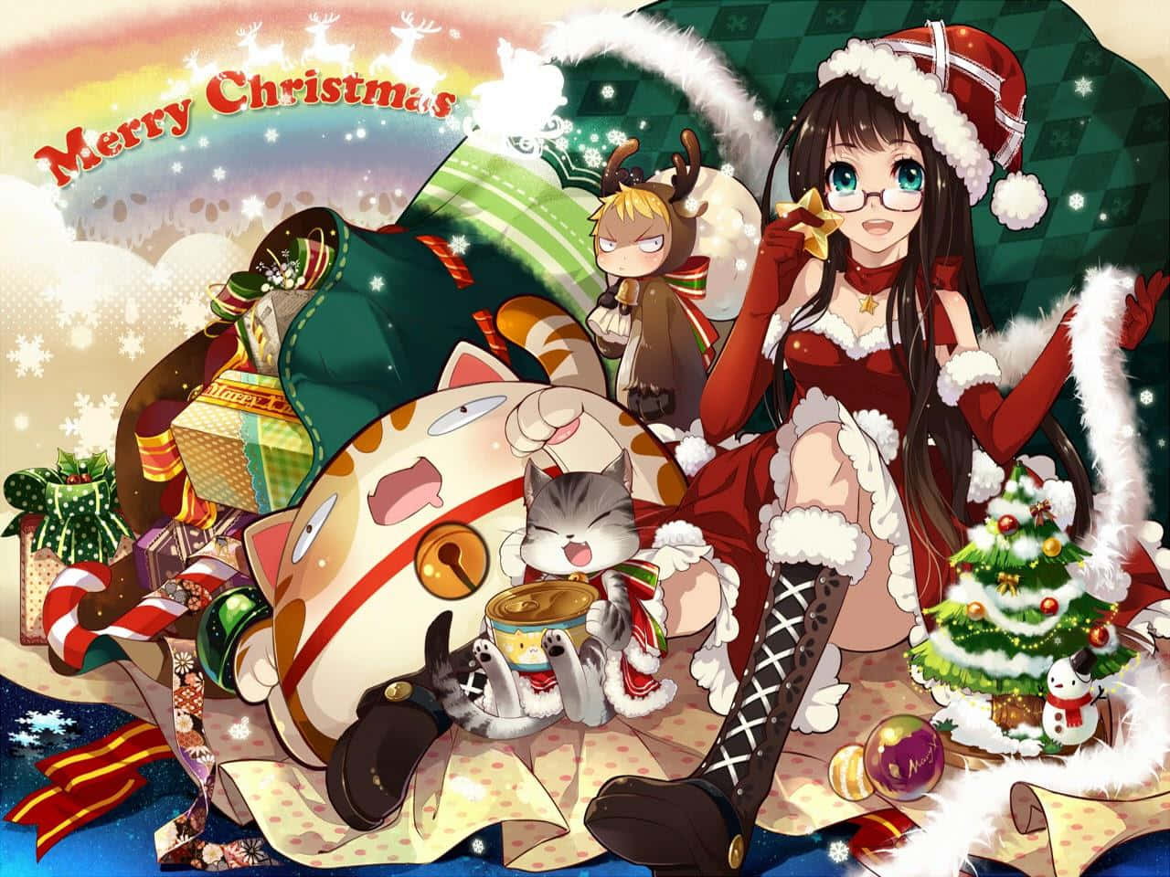 祝你聖誕快樂！動漫聖誕插畫展現雪景與節日氣氛！ 壁紙 — 動漫角色穿著節日聖誕服裝，在雪天下與禮物、貓咪和裝飾樹一起慶祝。