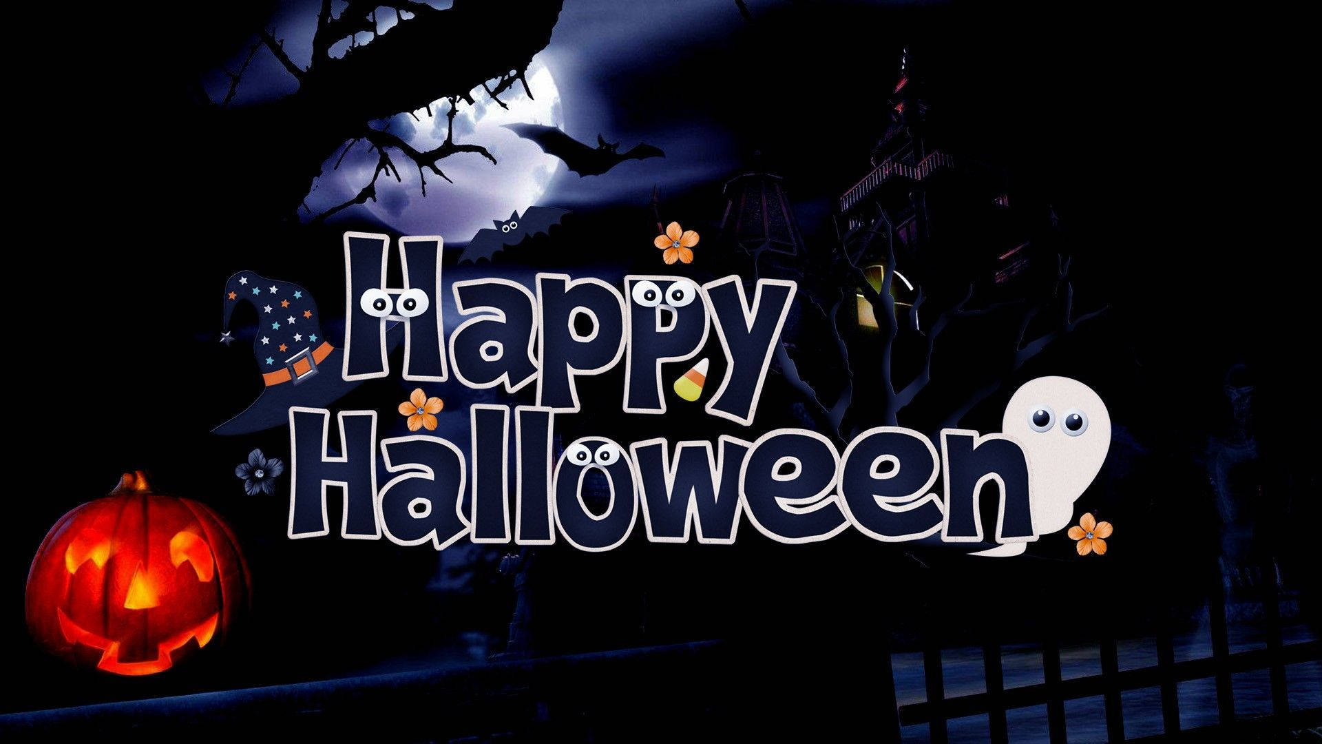 Happy Halloween 文字，配南瓜、鬼魂和滿月下的蝙蝠。